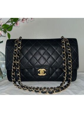 CHANEL Medium Classic Double Flap Caviar Quilted Handbag Black / 24K Gold
